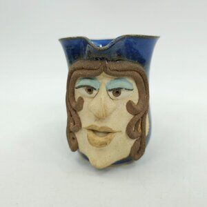 Funny Face Pitcher David Renfroe Pottery Vintage 1981 Blue Signed Ugly Face Mug